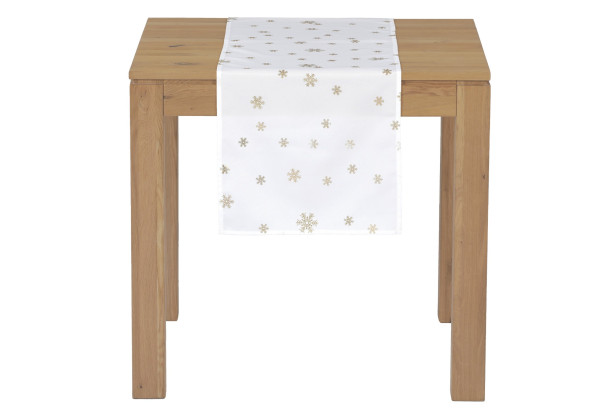 Vánoční běhoun na stůl Zlaté vločky, bílý, 150x40 cm