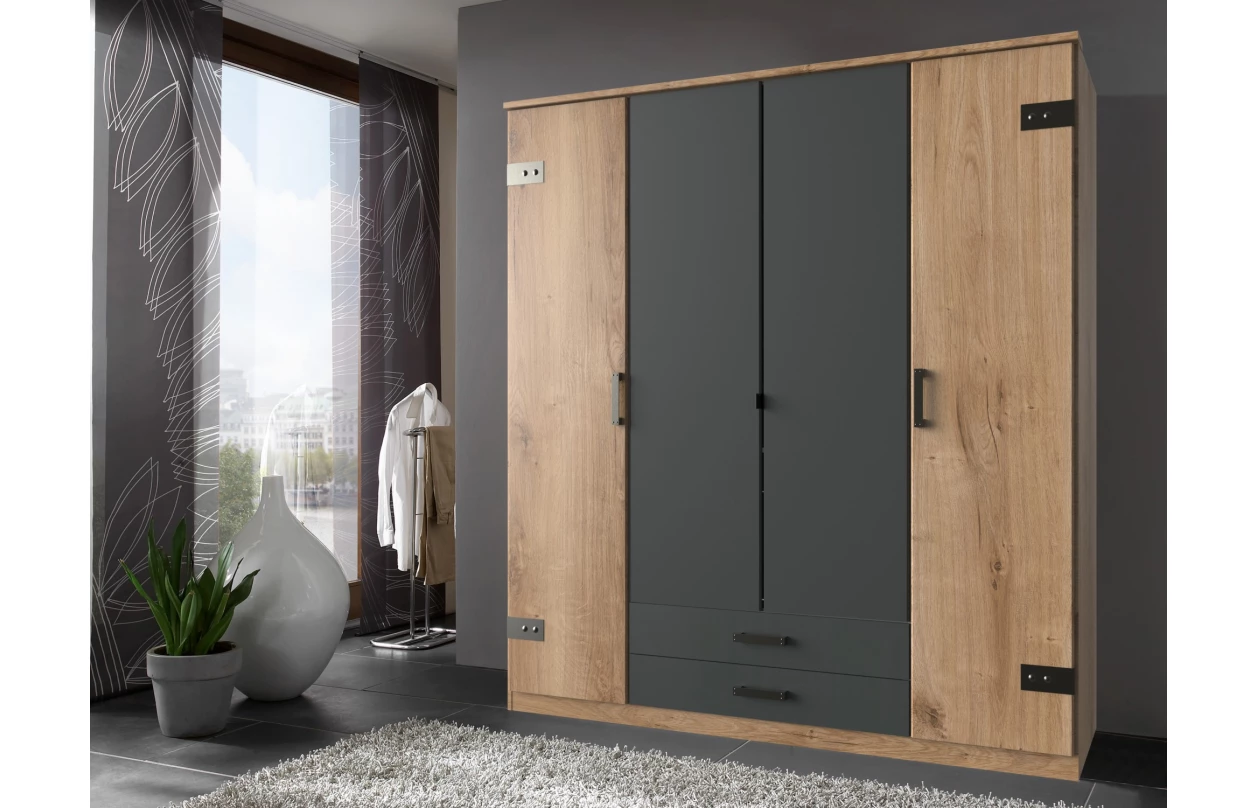 Šatní skříň se zrcadlem Cork, 135 cm, prkenný dub/grafit