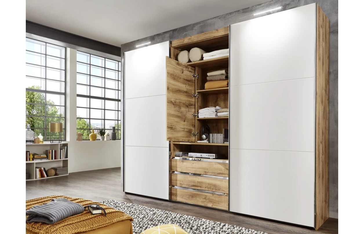 Šatní skříň s TV panelem Magic, prkenný dub/bílá