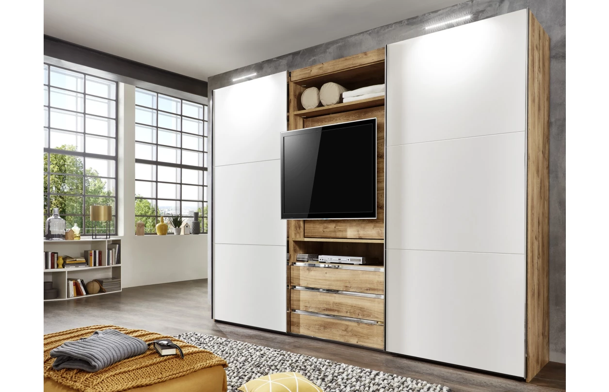 Šatní skříň s TV panelem Magic, prkenný dub/bílá