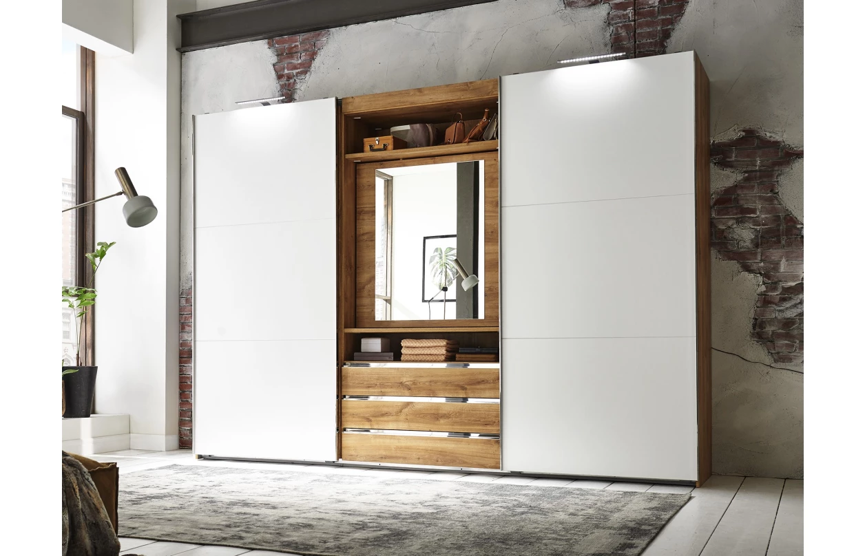 Šatní skříň s TV panelem Magic, prkenný dub/bílá