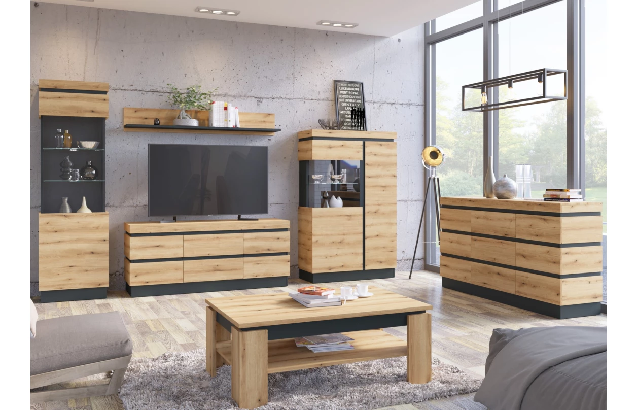 Vysoká vitrína Corte, dub coast/tmavě šedá, pravá