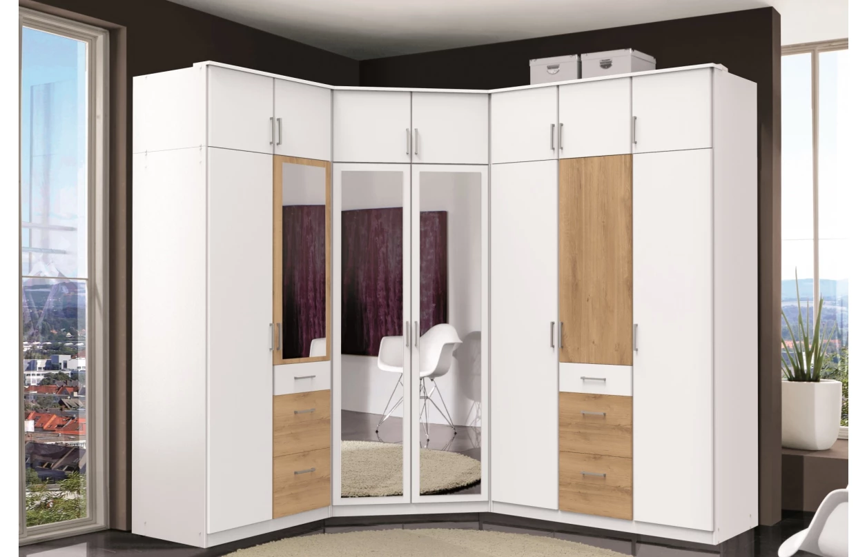 Rohová šatní skříň se zrcadlem Click, bílá 7