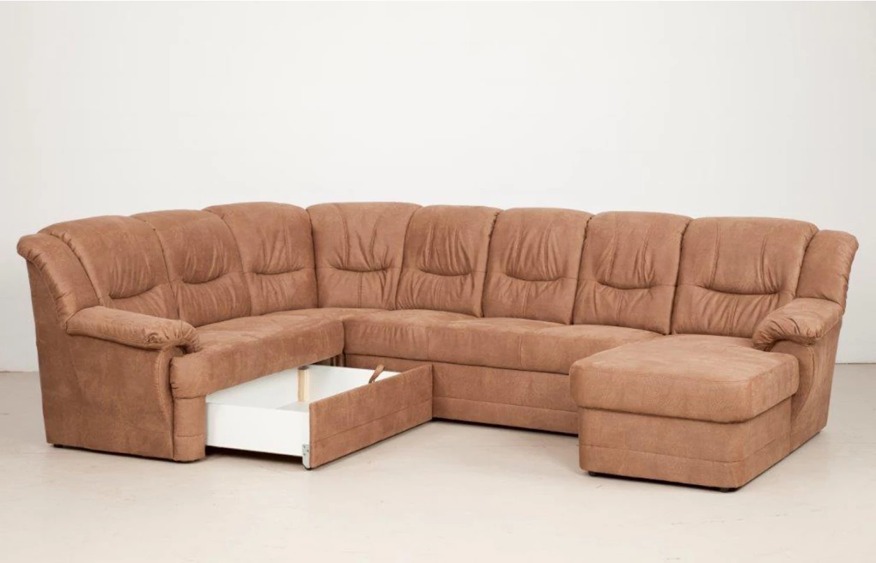 Sedací souprava Orion, tvar U, šedo-hnědá tkanina/ekokůže, s rozkladem