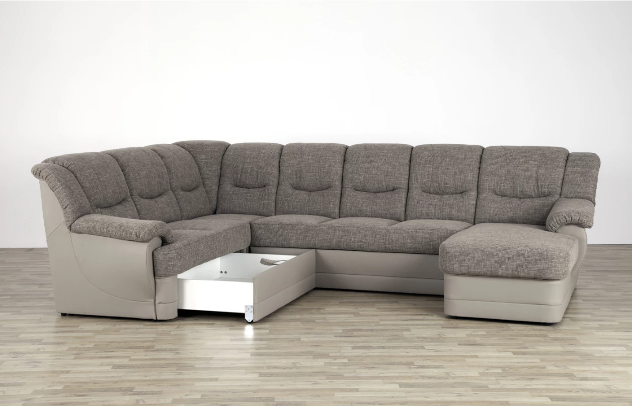 Sedací souprava Orion, tvar U, šedo-hnědá tkanina/ekokůže, s rozkladem