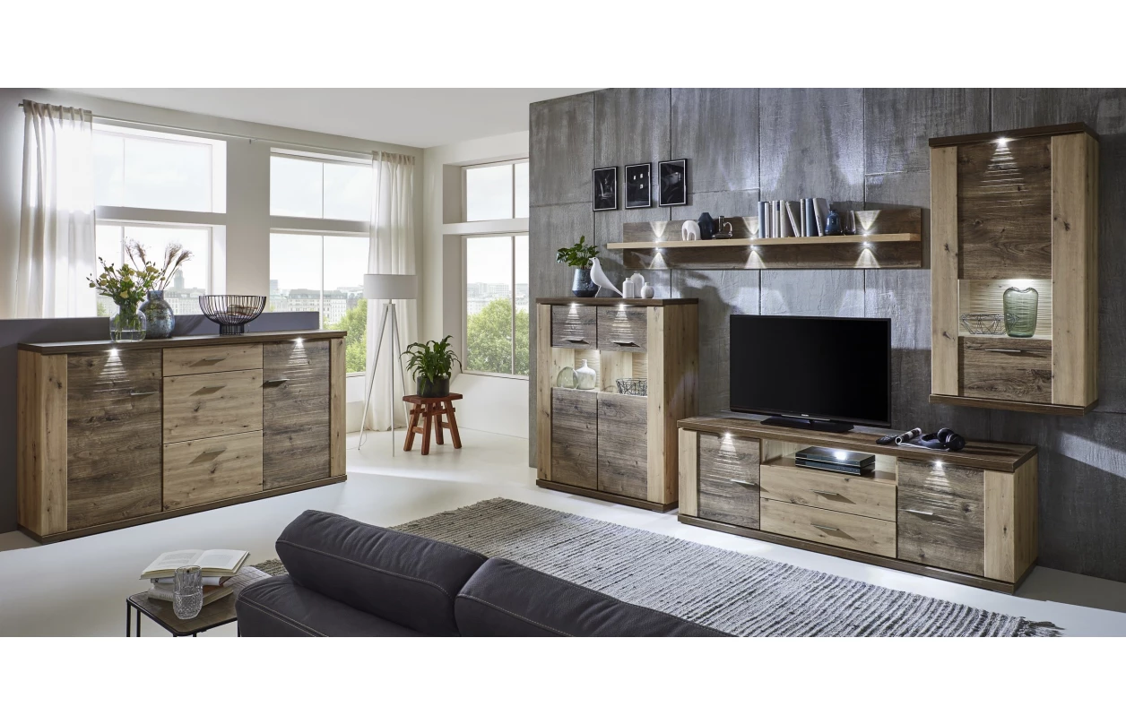 Skříňka s prosklením Grande, dub artisan/dub ribbeck, s osvětlením