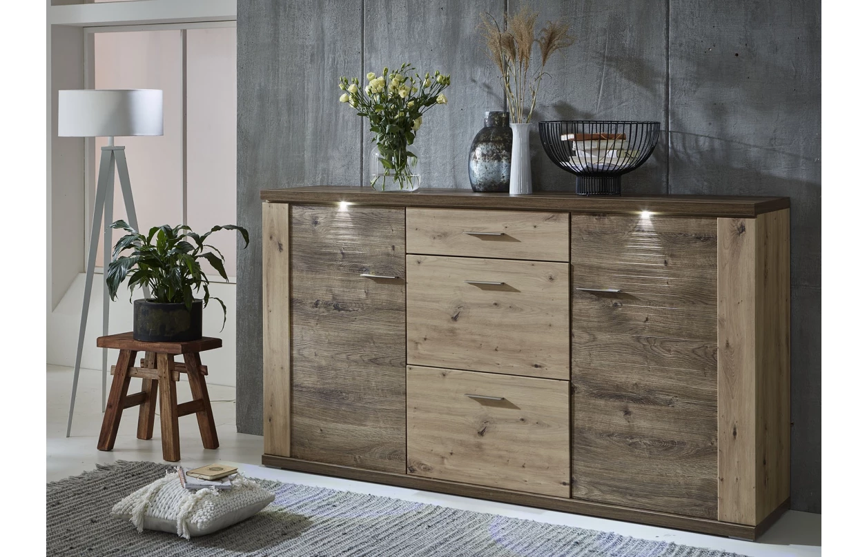 Skříňka s prosklením Grande, dub artisan/dub ribbeck, s osvětlením