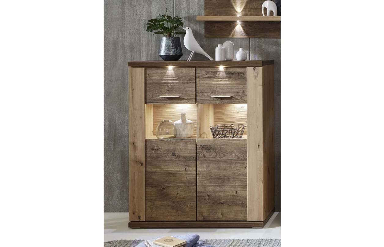 Skříňka s prosklením Grande, dub artisan/dub ribbeck, s osvětlením