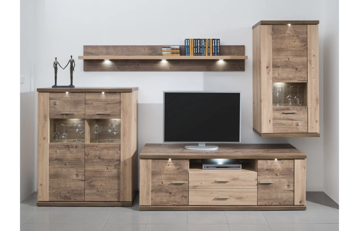 Skříňka s prosklením Grande, dub artisan/dub ribbeck, s osvětlením