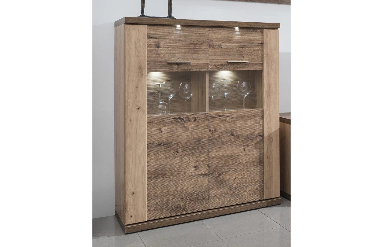 Skříňka s prosklením Grande, dub artisan/dub ribbeck, s osvětlením