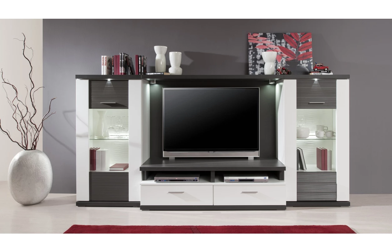 Obývací stěna Caracas kombi 21, beton/bílý lesk, s osvětlením