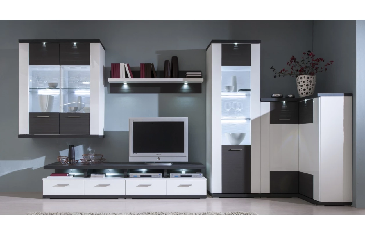 Obývací stěna Caracas kombi 21, beton/bílý lesk, s osvětlením