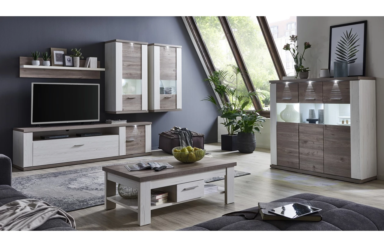 Obývací stěna Caracas kombi 21, beton/bílý lesk, s osvětlením