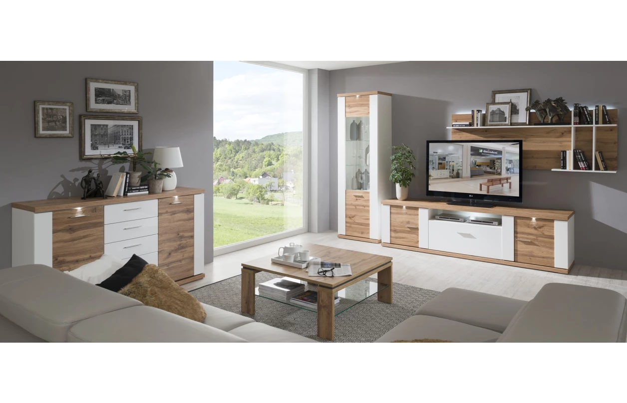 Obývací stěna Caracas kombi 21, beton/bílý lesk, s osvětlením