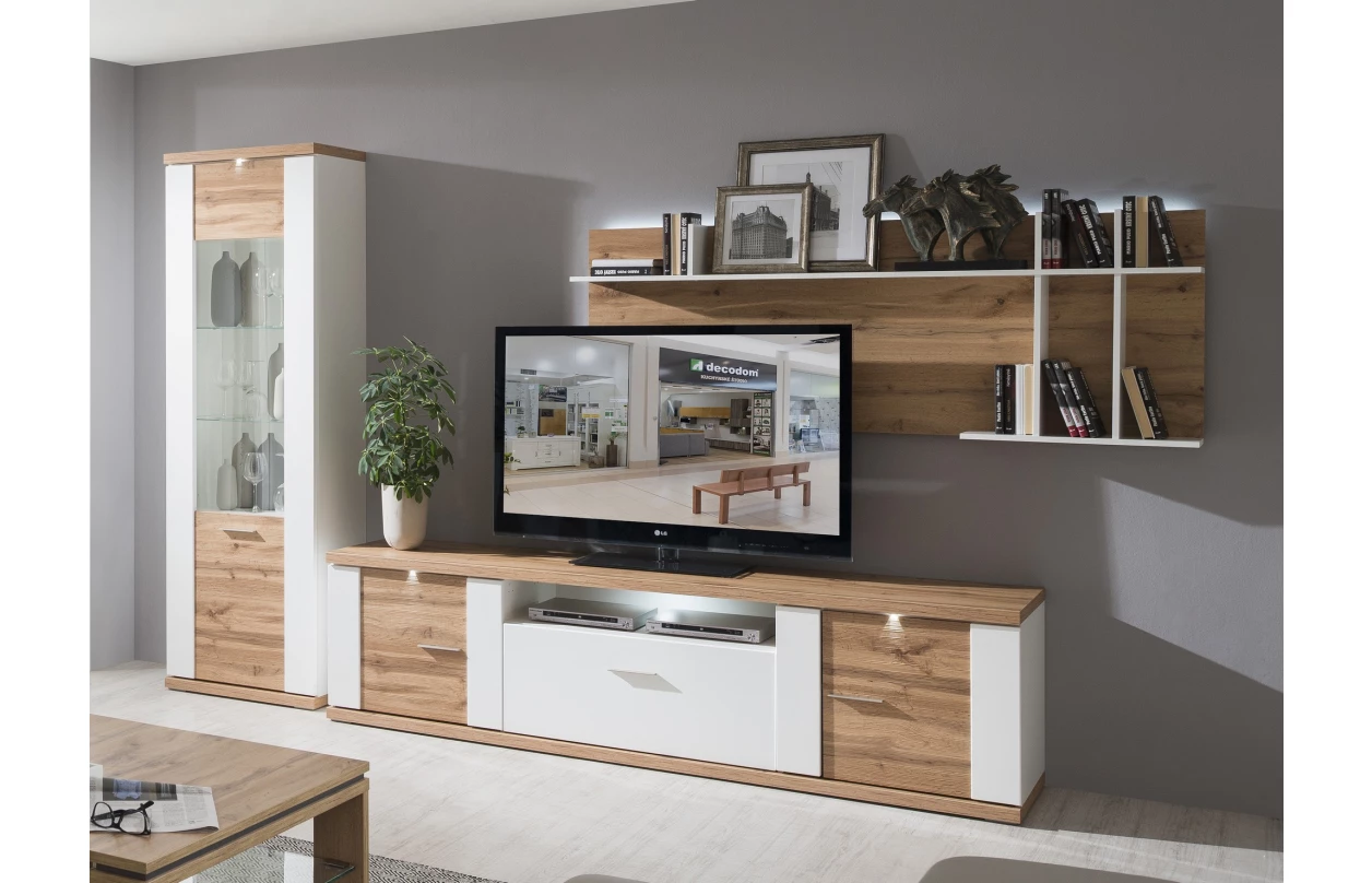 Obývací stěna Caracas kombi 21, beton/bílý lesk, s osvětlením