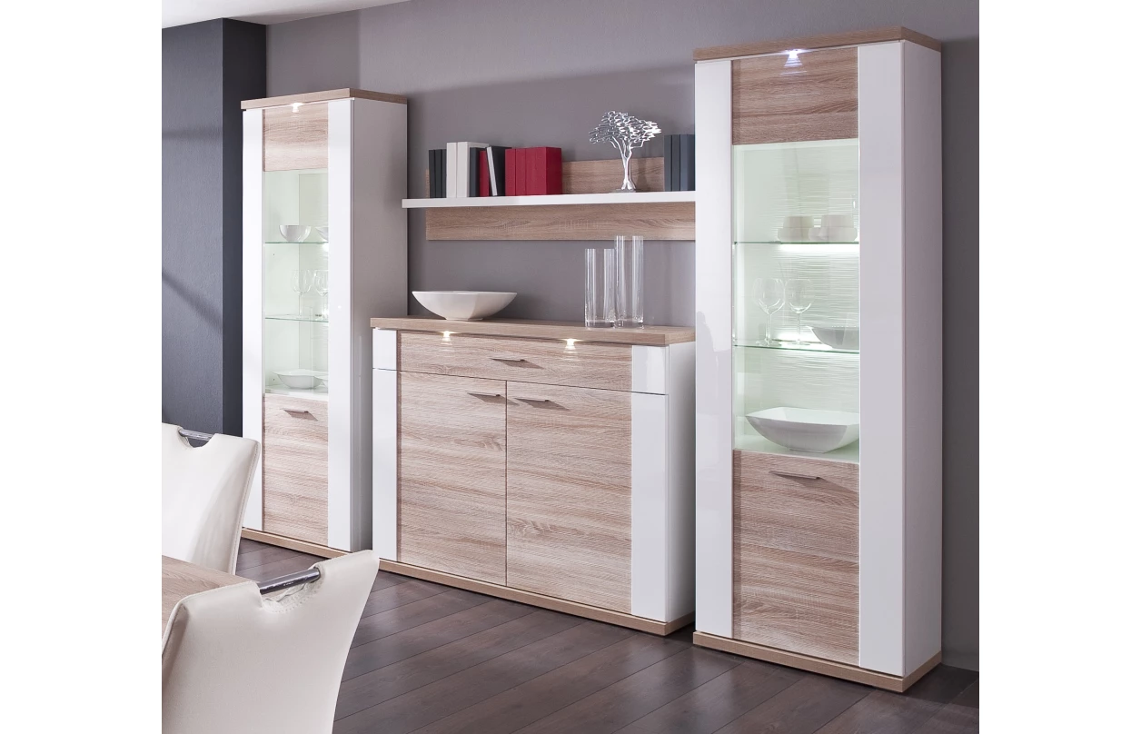 Obývací stěna Caracas kombi 21, beton/bílý lesk, s osvětlením