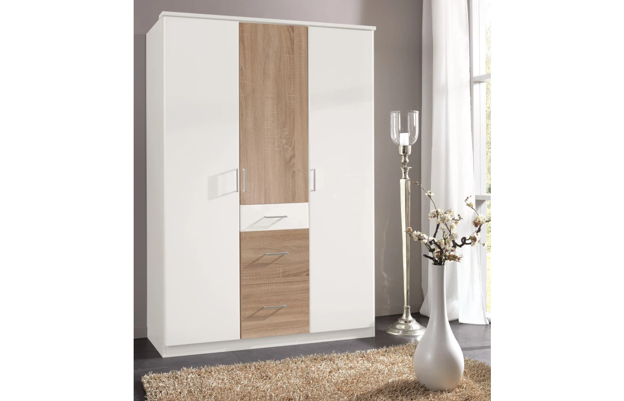 Šatní skříň se zrcadlem Click, 135 cm, bílá/dub sonoma 3