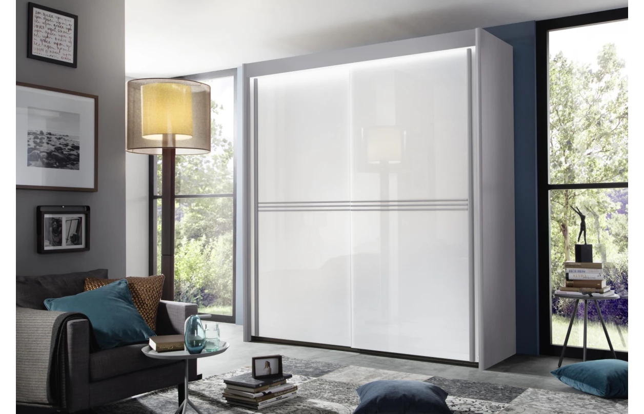 Šatní skříň s osvětlením Imperial, 300 cm, bílá/bílé sklo