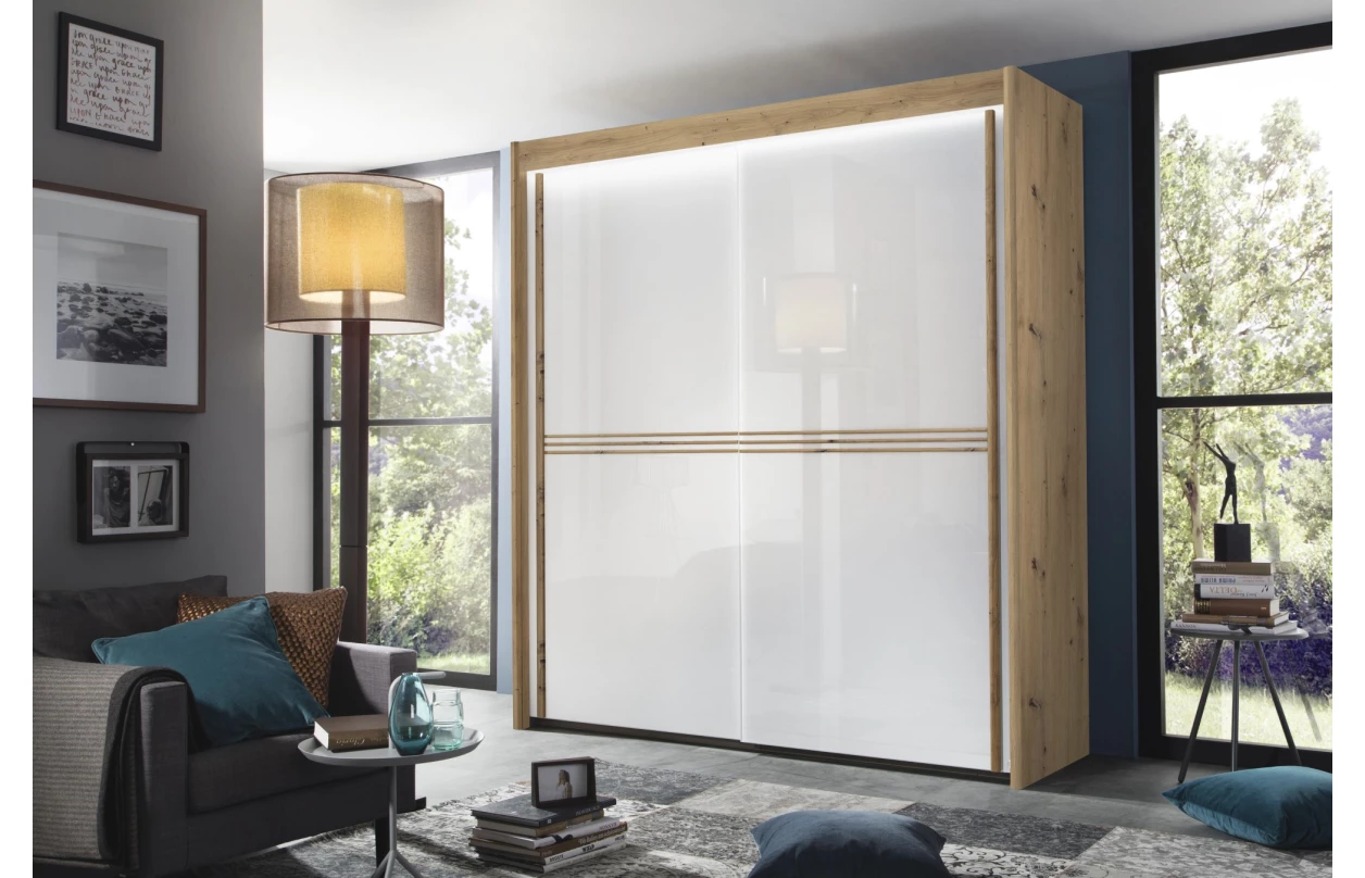 Šatní skříň s osvětlením Imperial, 300 cm, bílá/bílé sklo