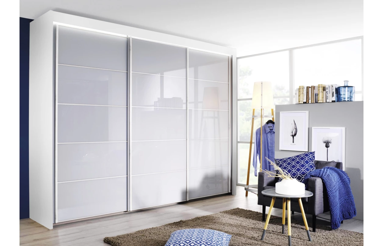 Šatní skříň s osvětlením Imperial, 300 cm, bílá/bílé sklo