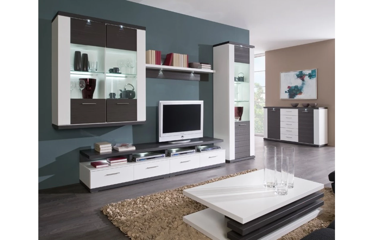 Široká vitrína Caracas typ 22, grafit/bílý lesk, s osvětlením