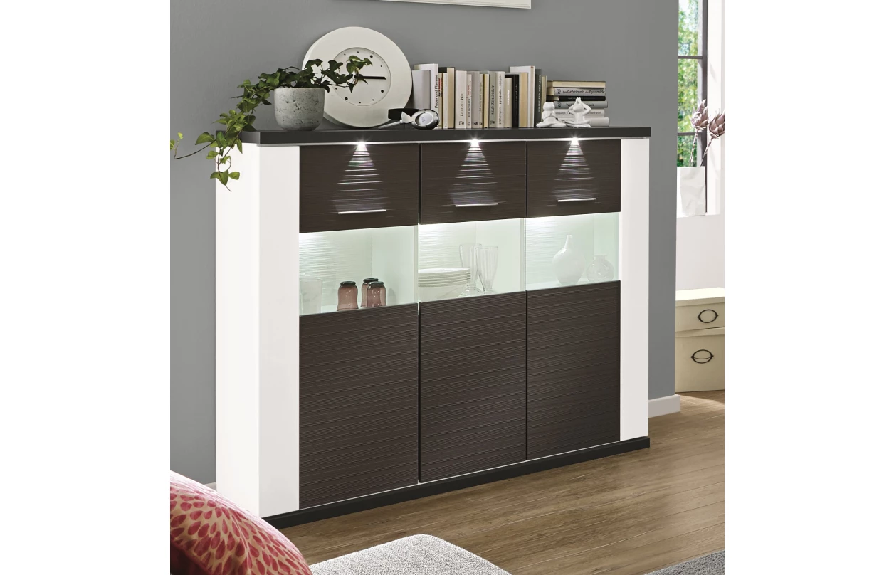 Široká vitrína Caracas typ 22, grafit/bílý lesk, s osvětlením