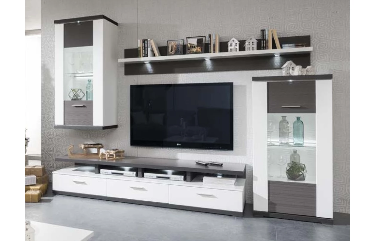 Široká vitrína Caracas typ 22, grafit/bílý lesk, s osvětlením