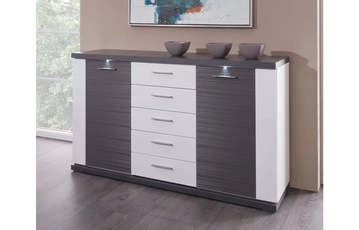 Široká vitrína Caracas typ 22, grafit/bílý lesk, s osvětlením