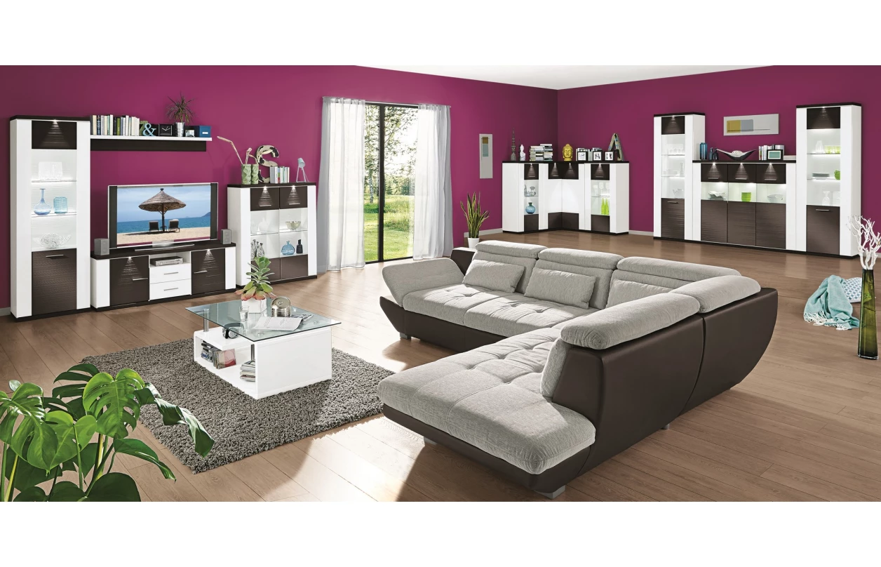 Široká vitrína Caracas typ 22, grafit/bílý lesk, s osvětlením