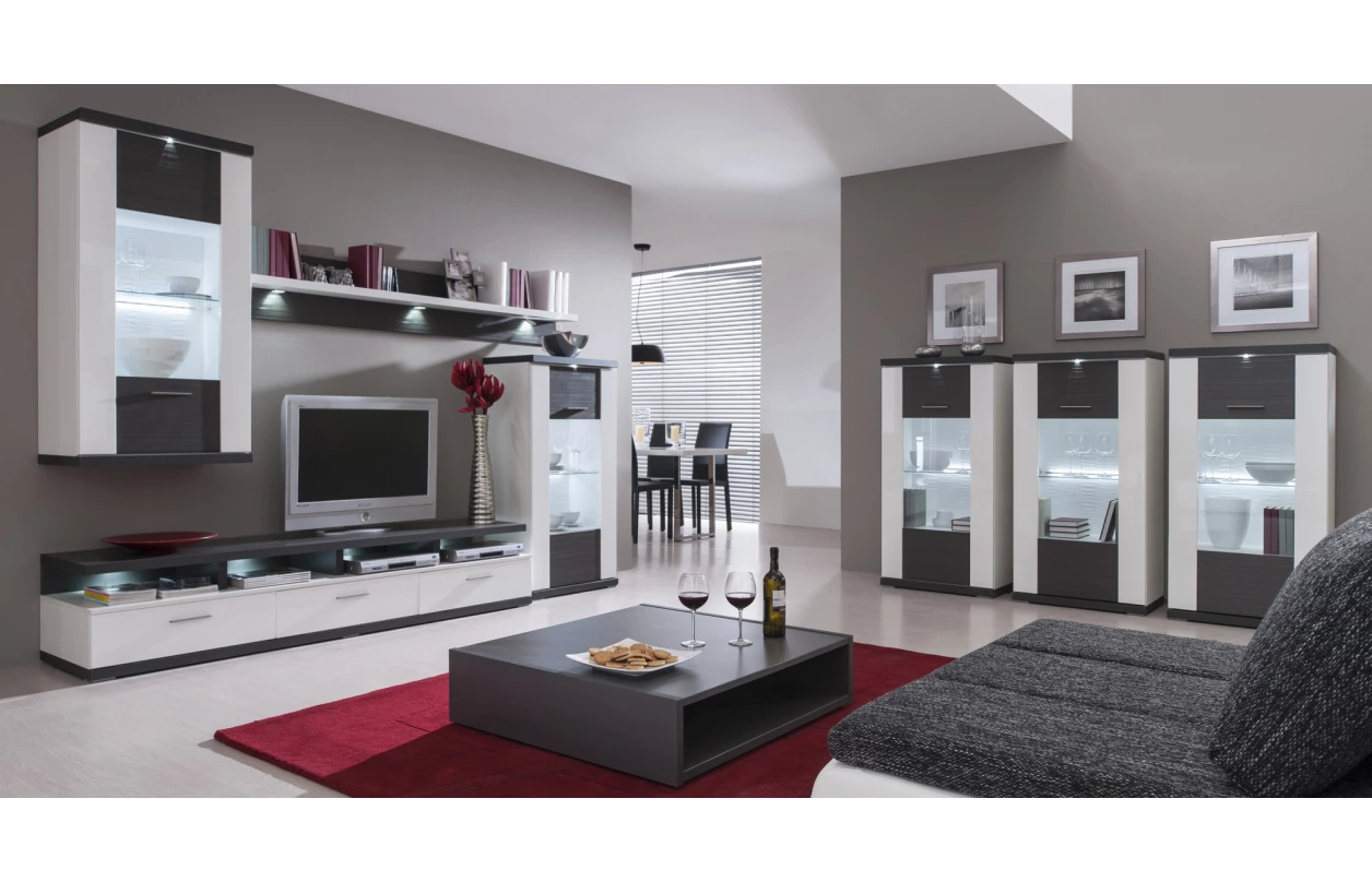 Široká vitrína Caracas typ 22, grafit/bílý lesk, s osvětlením