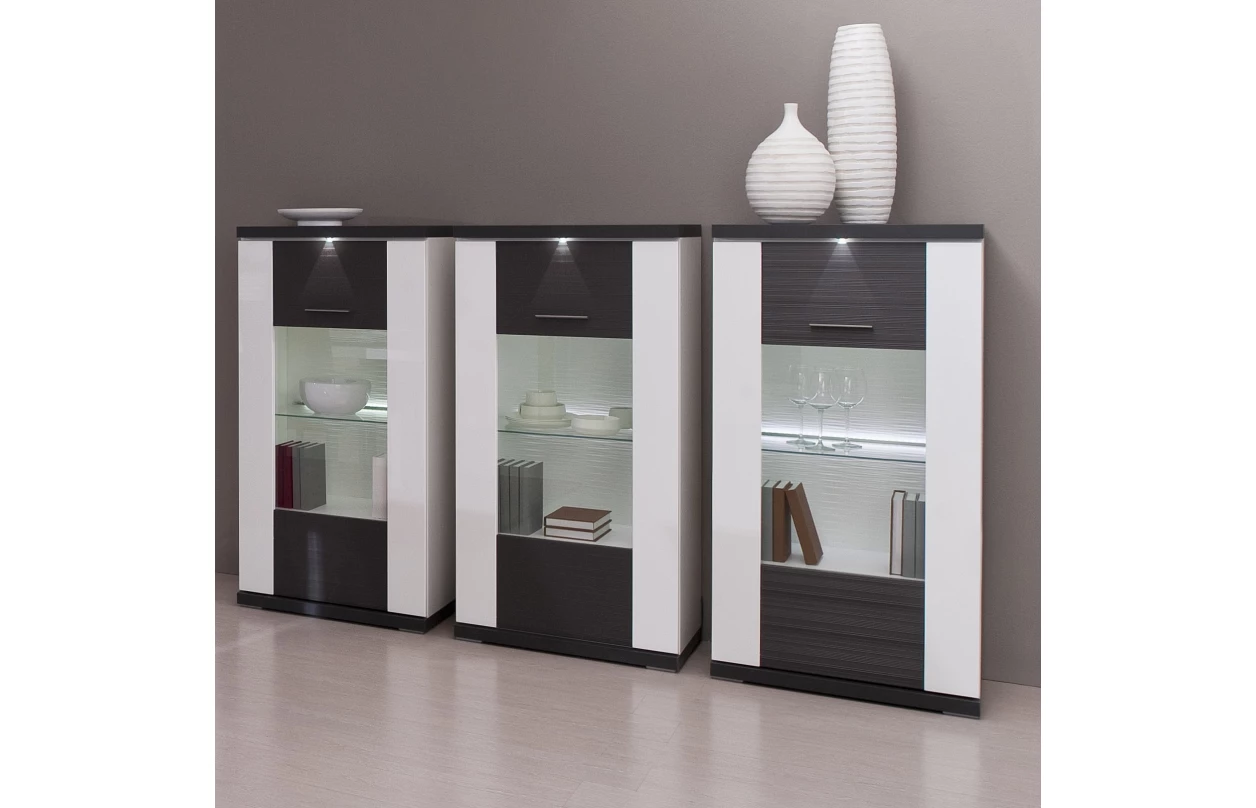 Široká vitrína Caracas typ 22, grafit/bílý lesk, s osvětlením