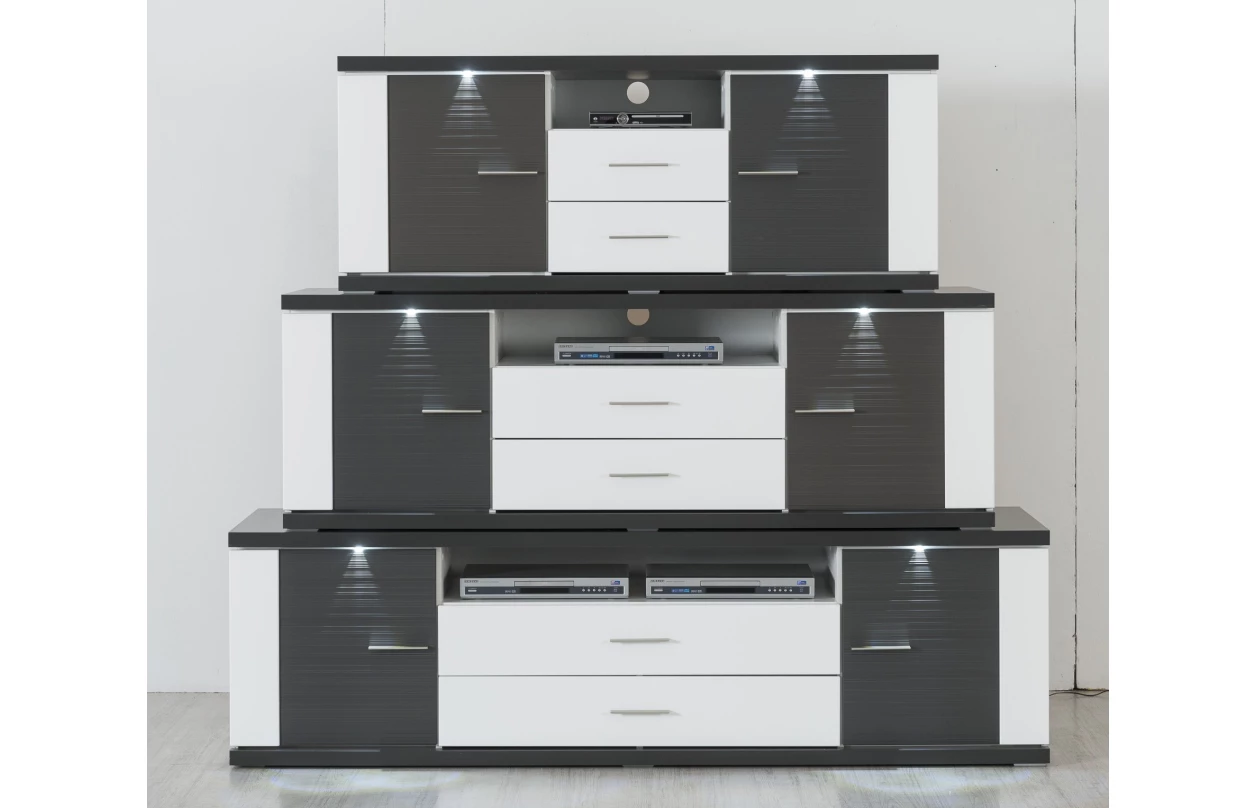 Široká vitrína Caracas typ 22, grafit/bílý lesk, s osvětlením