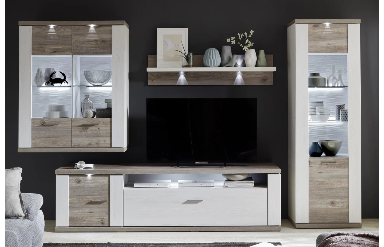 Široká vitrína Caracas typ 22, grafit/bílý lesk, s osvětlením