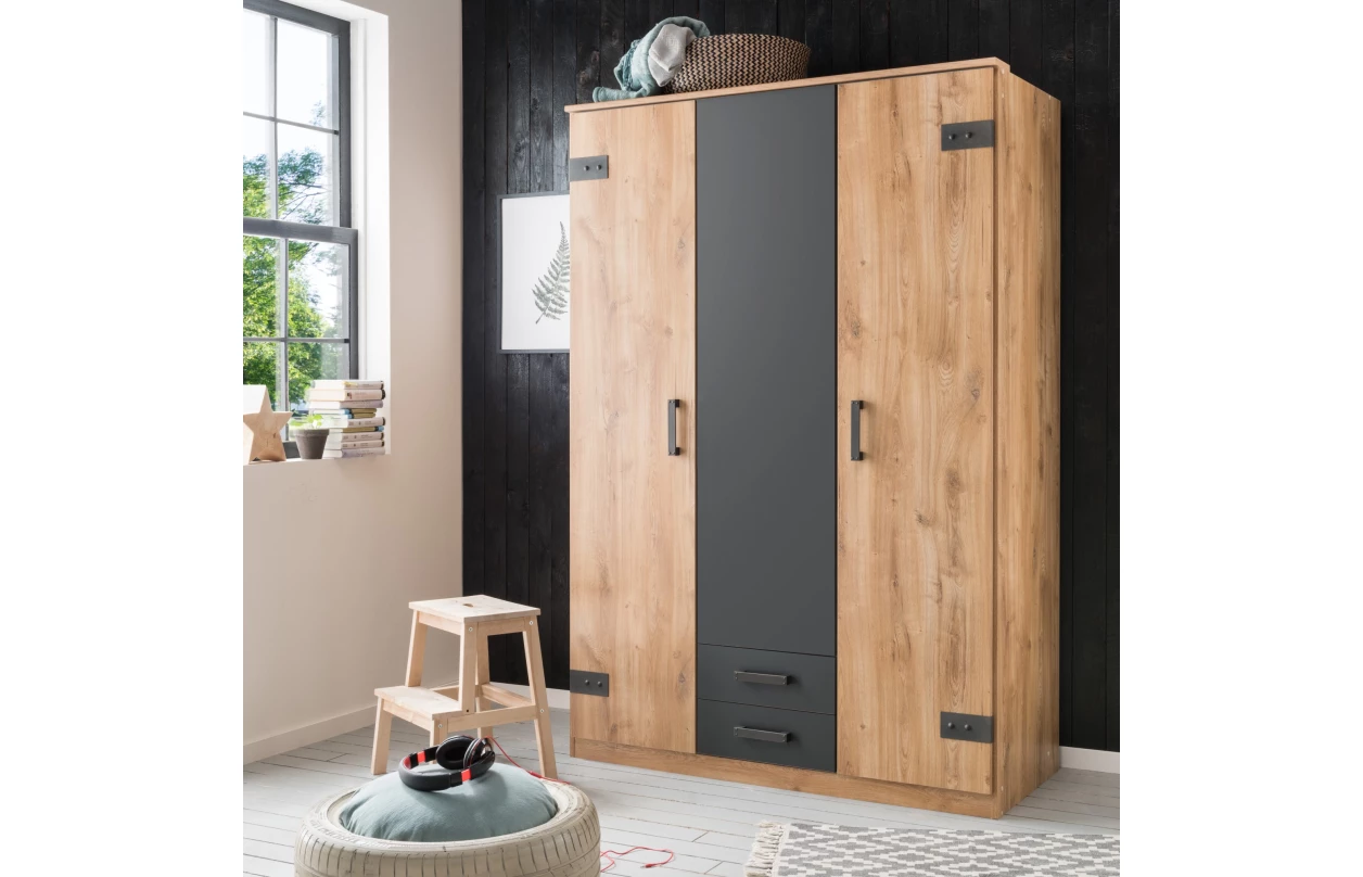 Šatní skříň se zrcadly Cork, 180 cm, prkenný dub/grafit