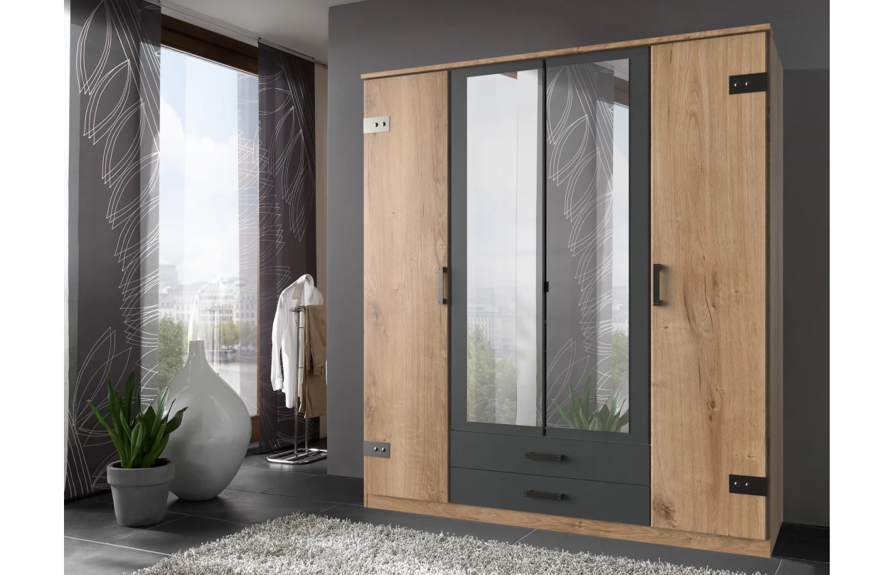 Šatní skříň se zásuvkami Cork, 135 cm, prkenný dub/grafit