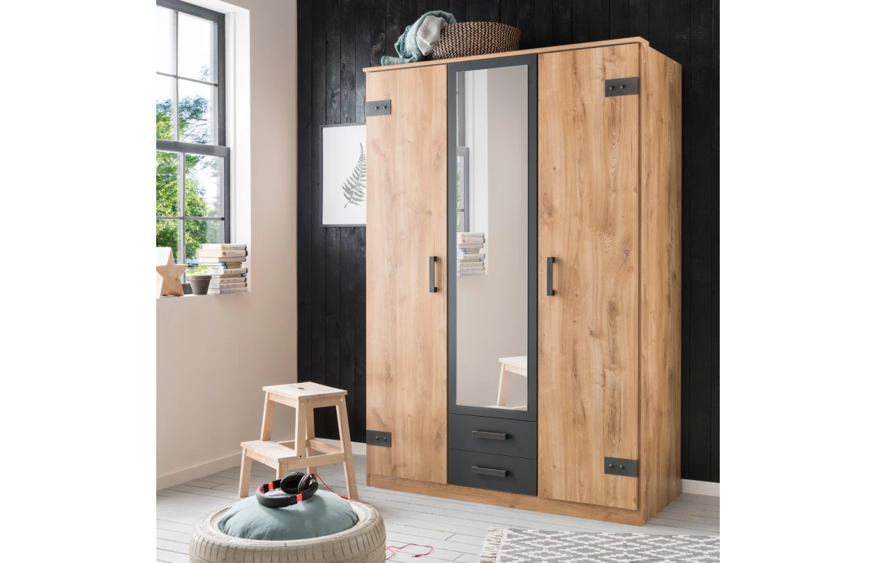 Šatní skříň se zásuvkami Cork, 135 cm, prkenný dub/grafit