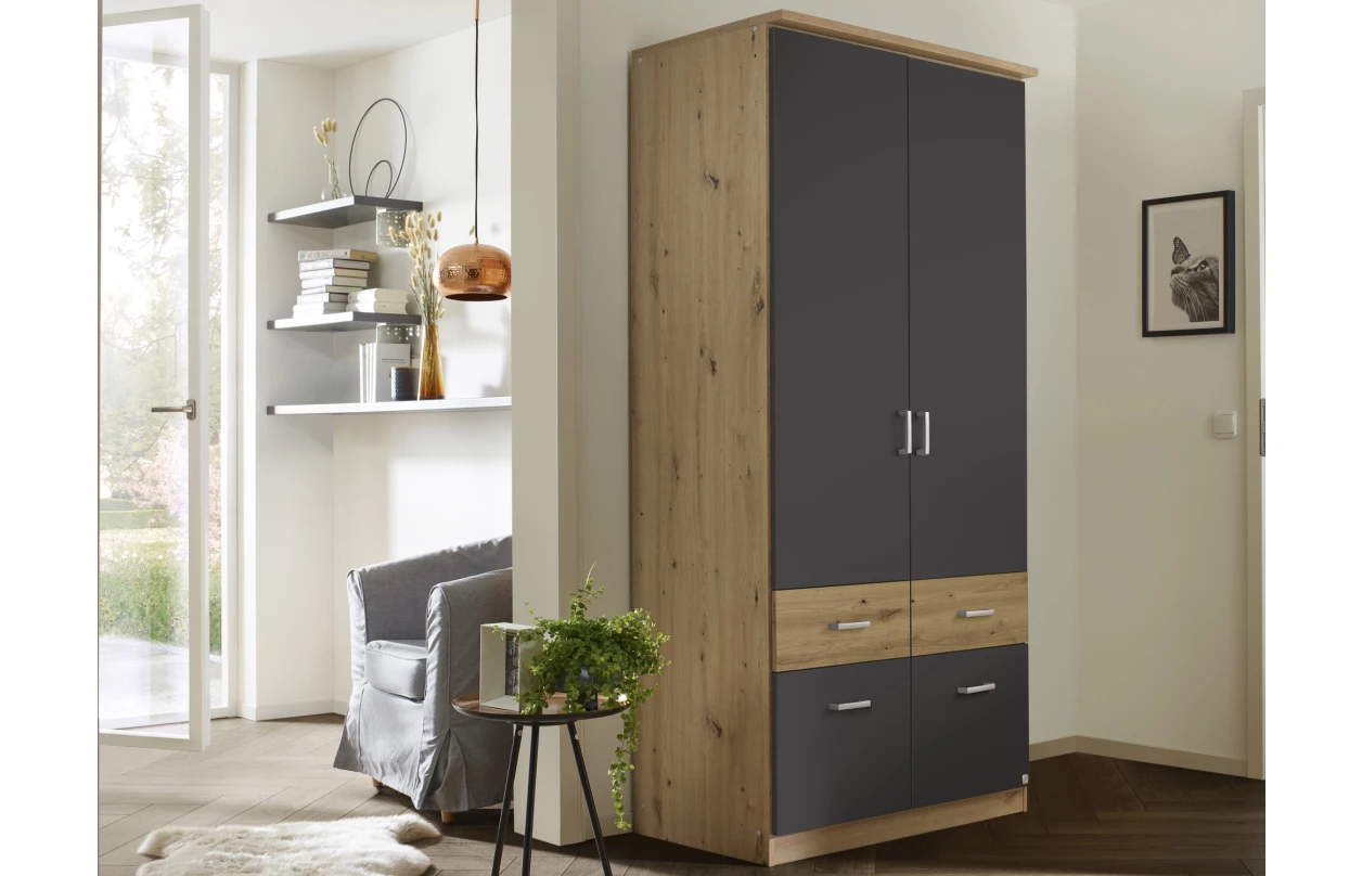 Šatní skříň se zrcadlem Bremen, 136 cm, dub artisan/tmavě šedá