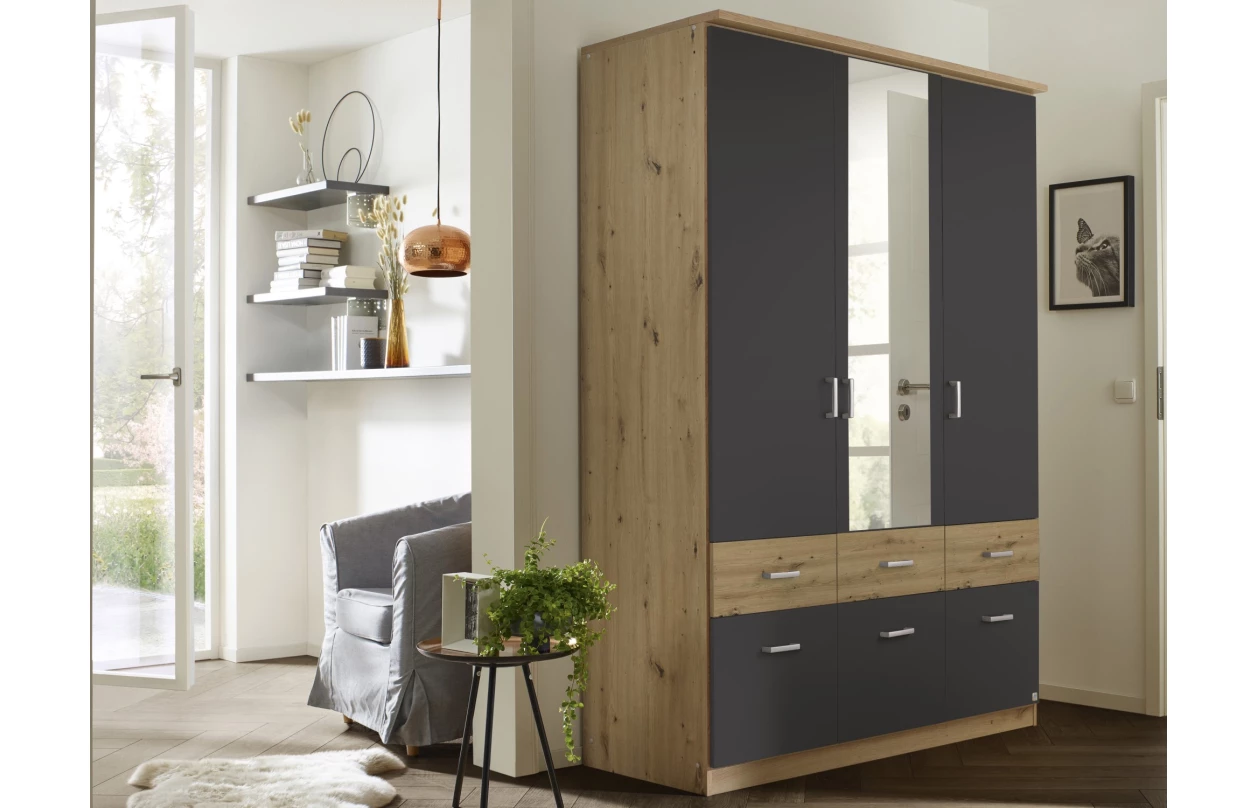 Šatní skříň se zrcadlem Bremen, 136 cm, dub artisan/tmavě šedá