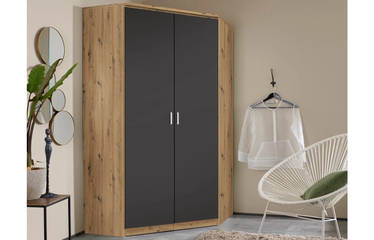 Šatní skříň se zrcadlem Bremen, 136 cm, dub artisan/tmavě šedá