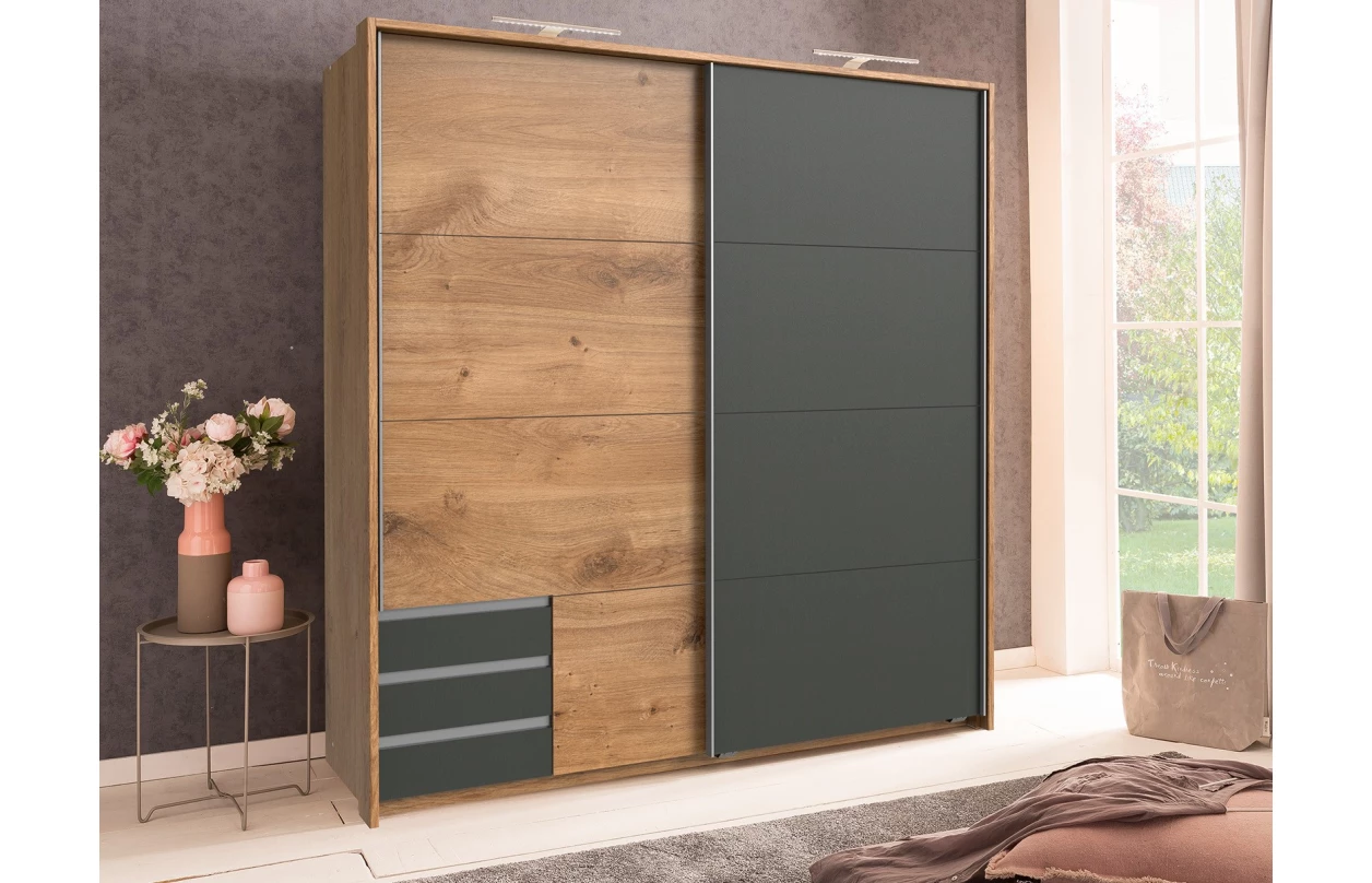 Šatní skříň se zrcadlem Emden, 135 cm, prkenný dub/grafit 2