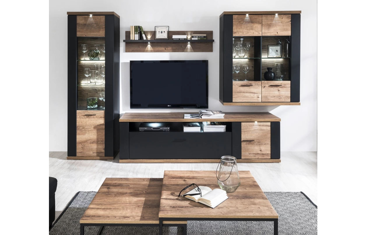 Vysoká vitrína Boston, černá/dub ribbeck, s osvětlením, pravá