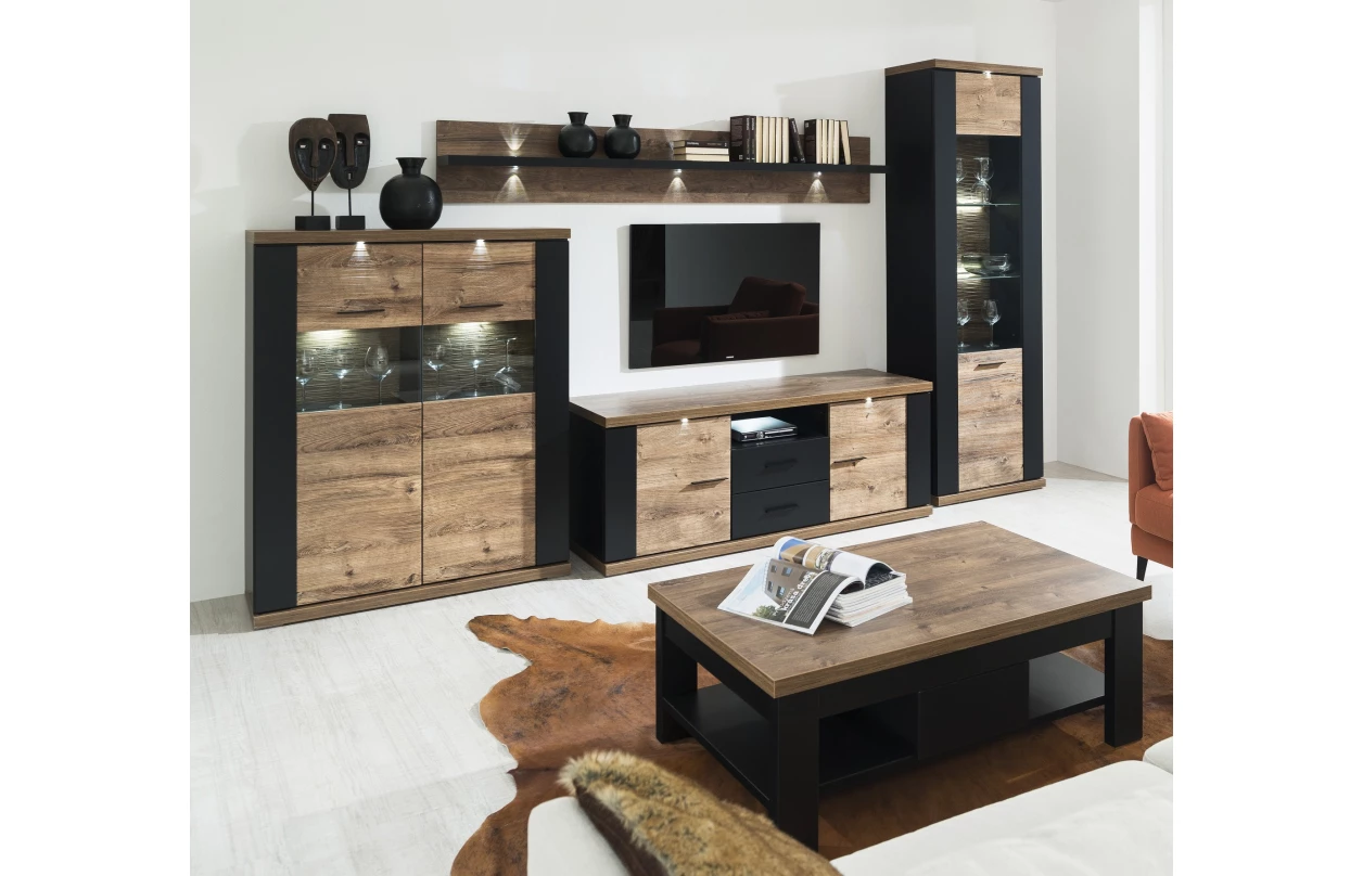 Vysoká vitrína Boston, černá/dub ribbeck, s osvětlením, pravá