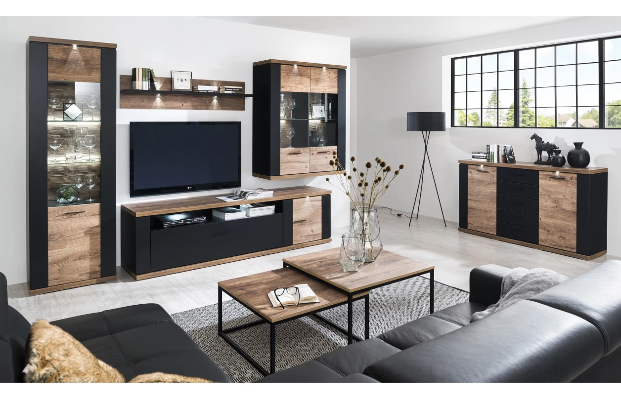 Vysoká vitrína Boston, černá/dub ribbeck, s osvětlením, pravá