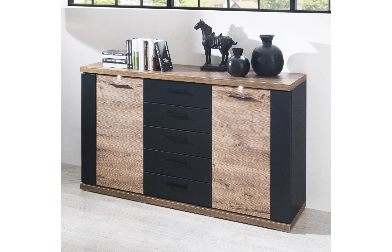 Vysoká vitrína Boston, černá/dub ribbeck, s osvětlením, pravá