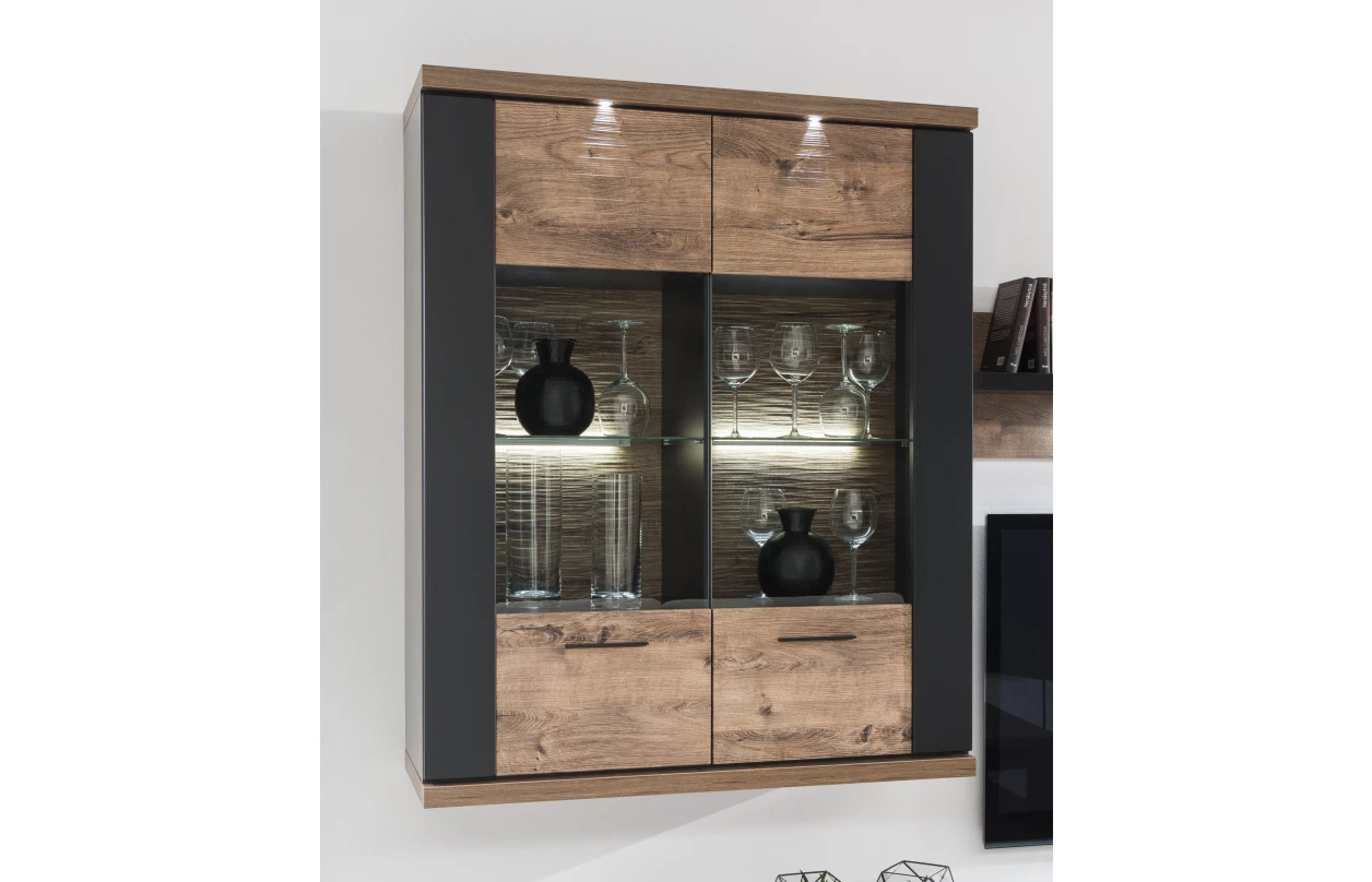 Vysoká vitrína Boston, černá/dub ribbeck, s osvětlením, pravá