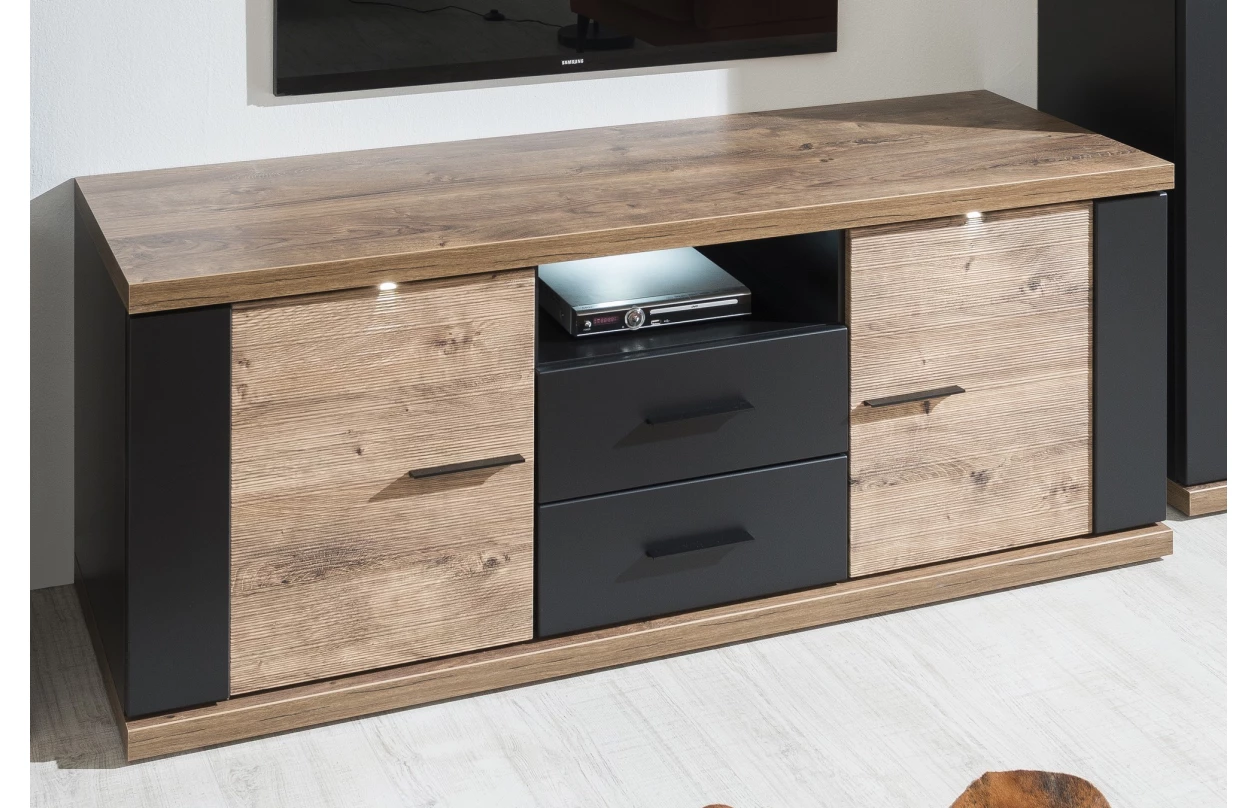 Vysoká vitrína Boston, černá/dub ribbeck, s osvětlením, pravá