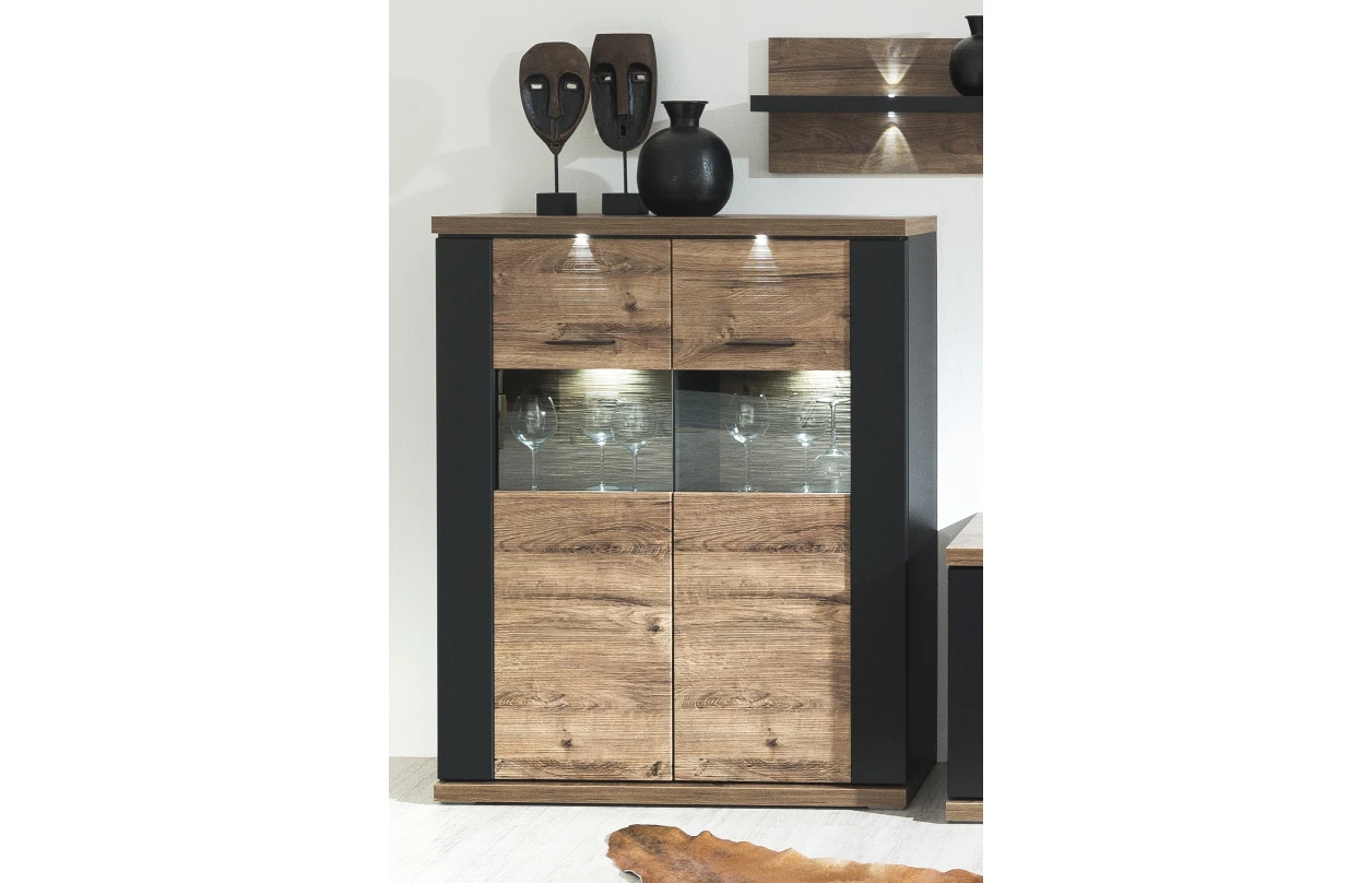 Vysoká vitrína Boston, černá/dub ribbeck, s osvětlením, pravá