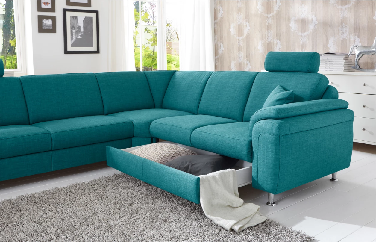 Rohová sedací souprava s křeslem Omaha, šedá látka, s funkcemi