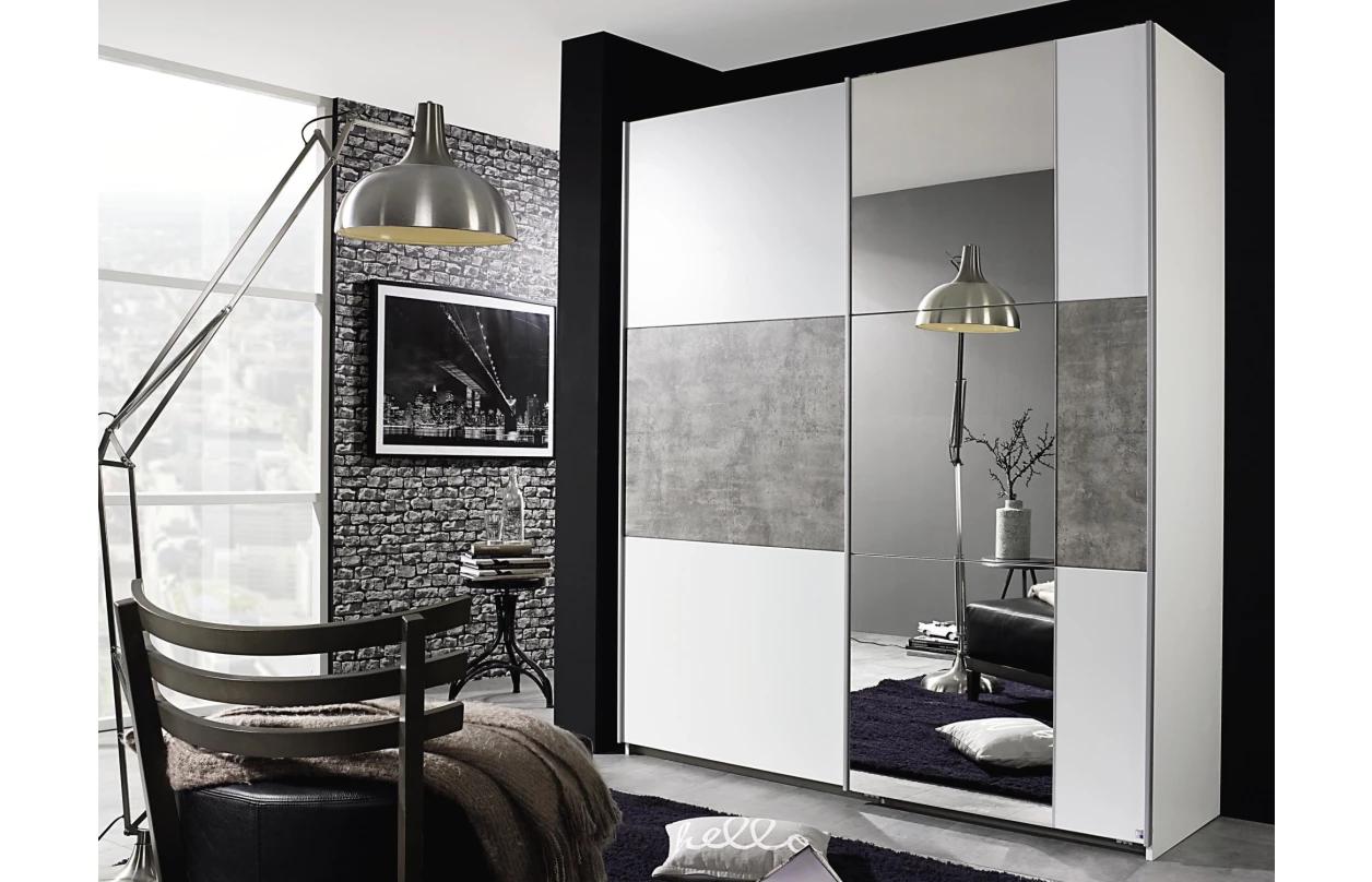 Šatní skříň Prenzlau, 218 cm, bílá/šedý beton