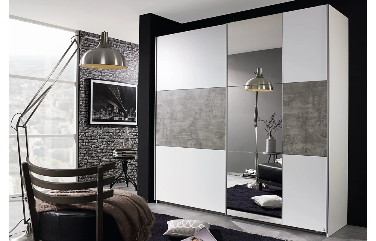 Šatní skříň Prenzlau, 218 cm, bílá/šedý beton